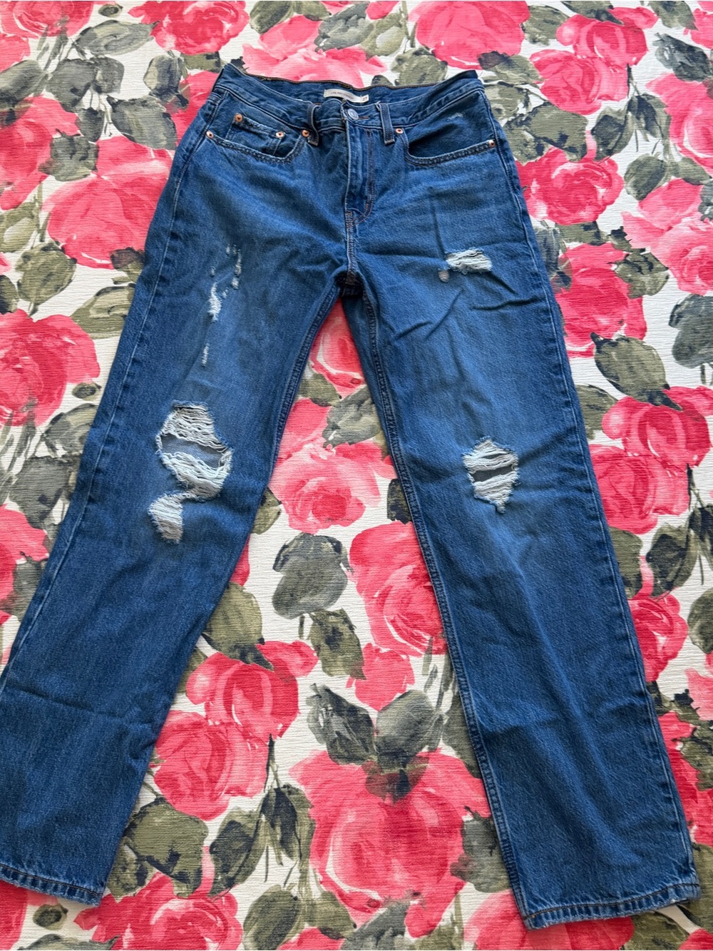 Levi's Women's Low Pro Straight Leg Distressed Dark Blue Jeans